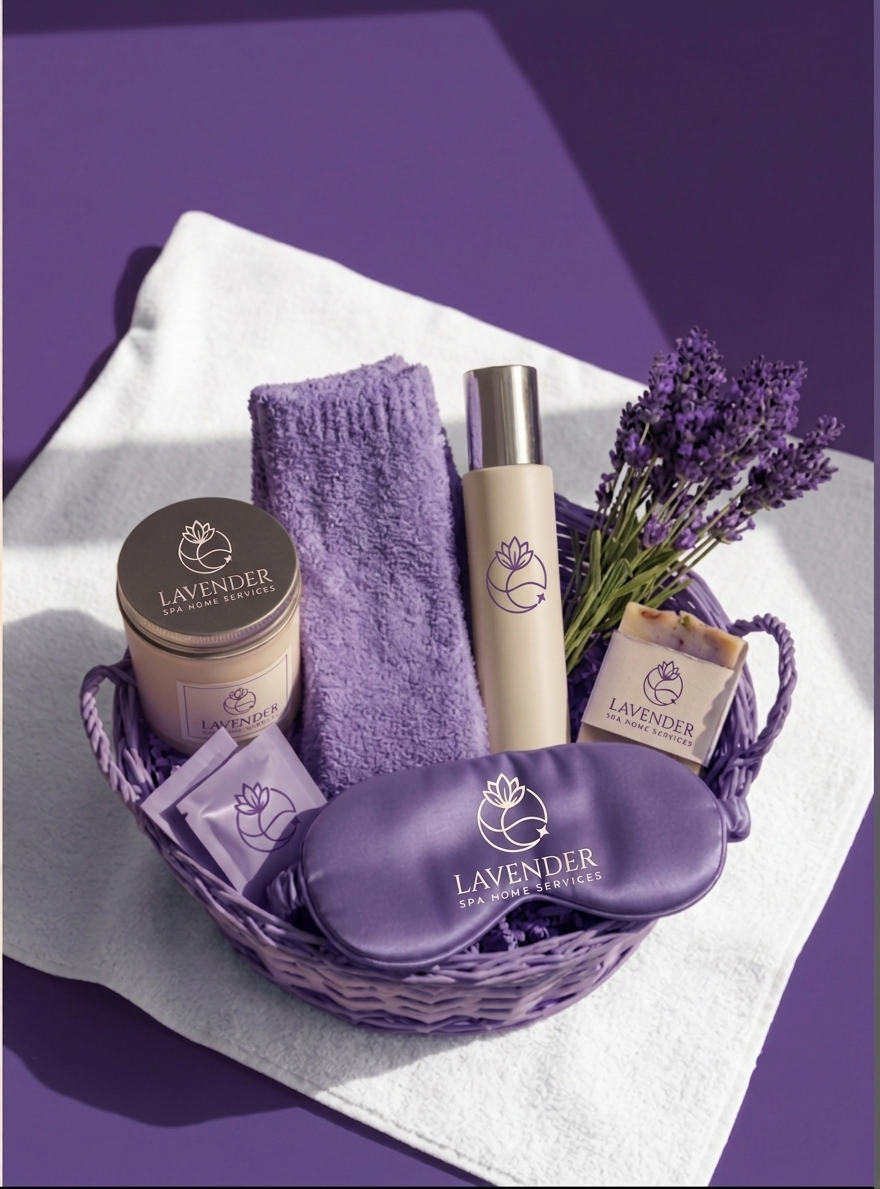 Lavender SPA branded product basket with candle, oil, soap and eye mask